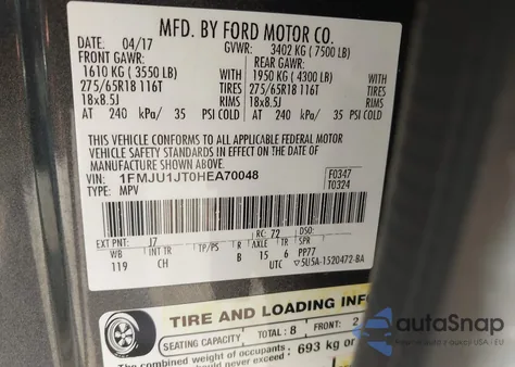 2017 Ford Expedition Xlt z USA, uszkodzony, nr VIN 1FMJU1JT0HEA70048